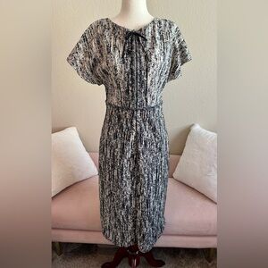 Dorothee Schumacher Retro Sheath Dress Women’s M Zip Front String Bow B&W Print